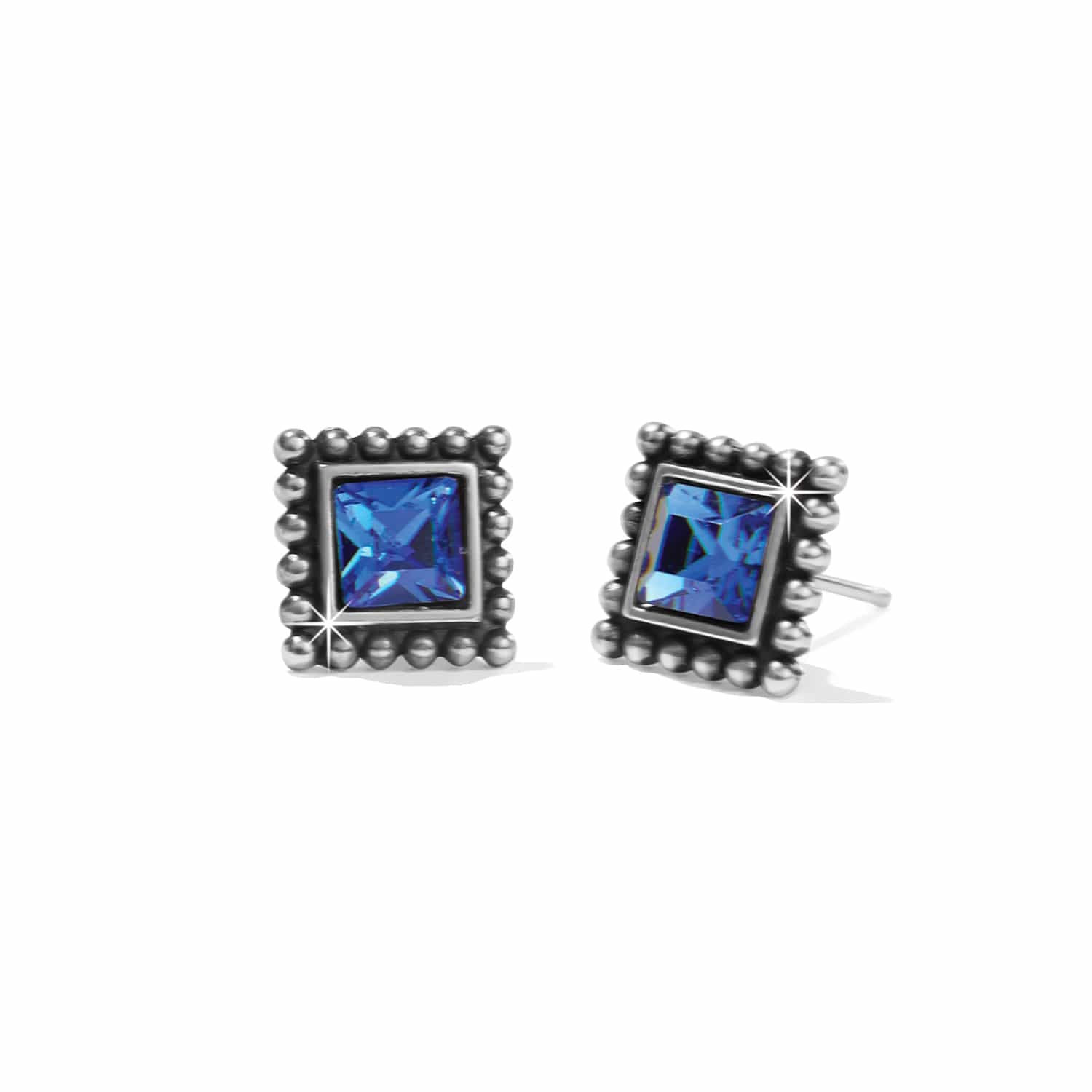 Brighton stud earrings with square blue crystals and silver-plated beaded frames on a white background
