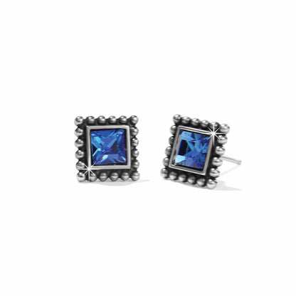 Brighton stud earrings with square blue crystals and silver-plated beaded frames on a white background