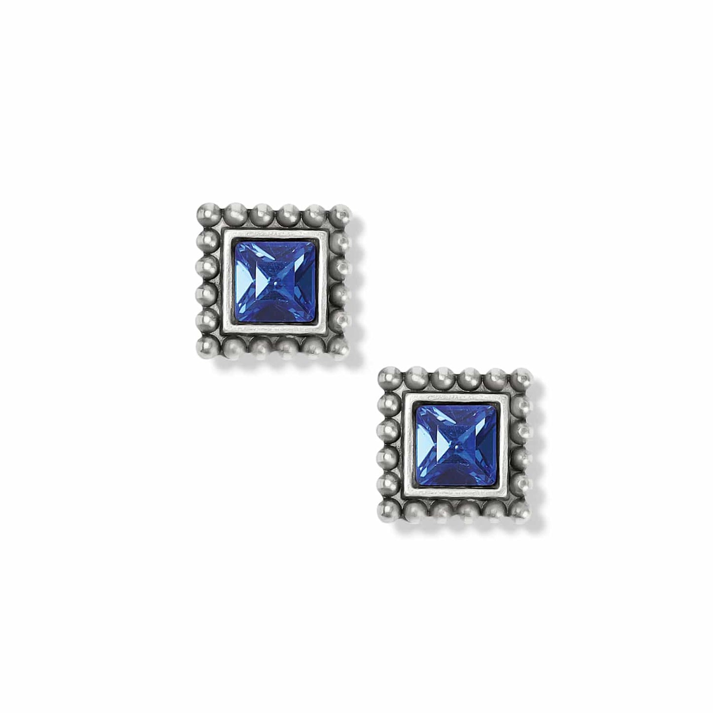 Brighton stud earrings with square blue crystals and silver-plated beaded frames on a white background