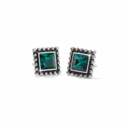 Brighton stud earrings with green square crystals and silver-plated beaded frames on a white background