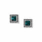 Brighton stud earrings with square teal crystals and silver-plated beaded borders on a white background
