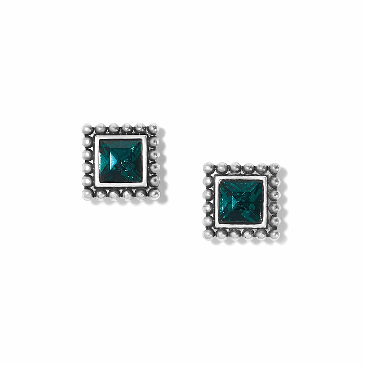 Brighton stud earrings with square teal crystals and silver-plated beaded borders on a white background