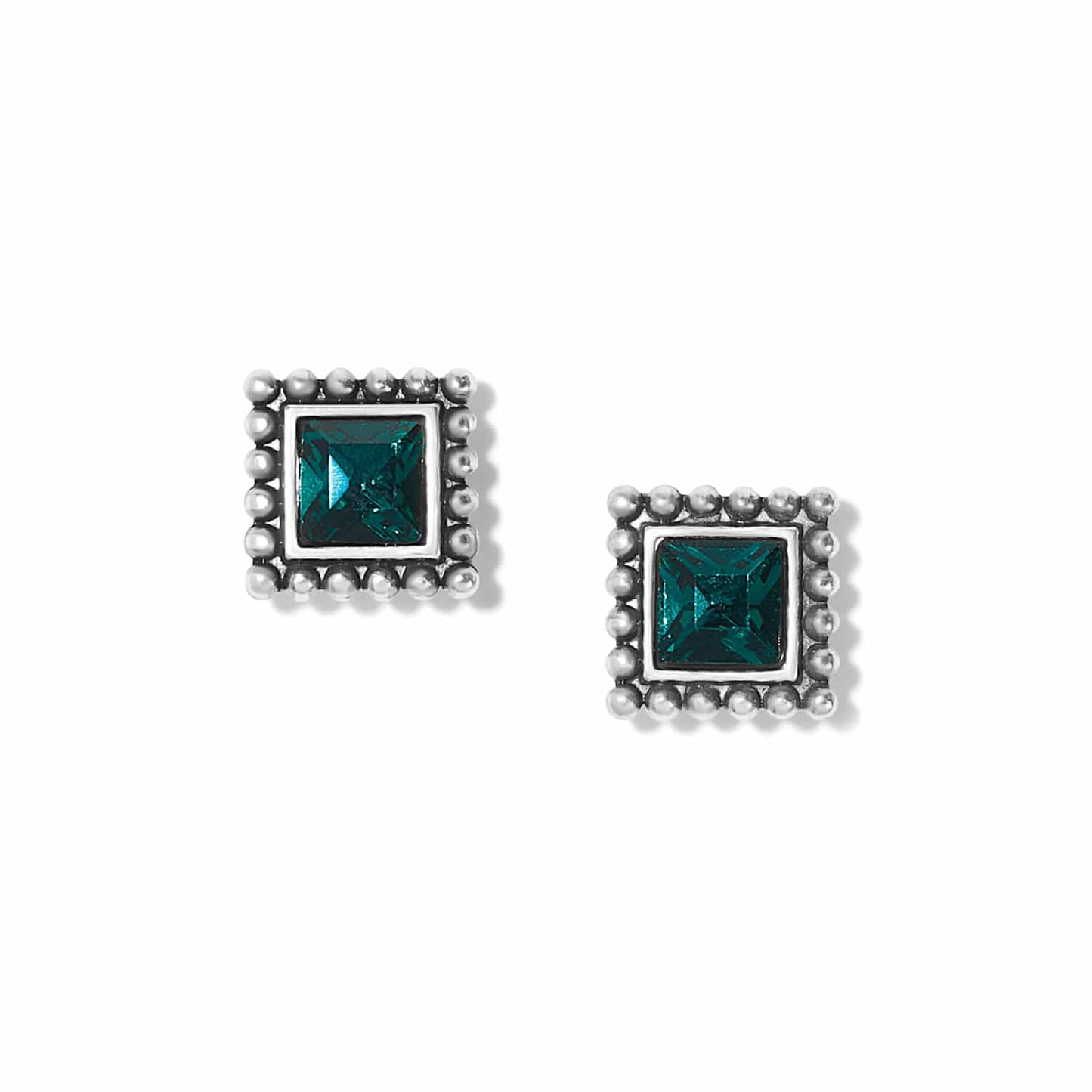 Brighton stud earrings with square teal crystals and silver-plated beaded borders on a white background