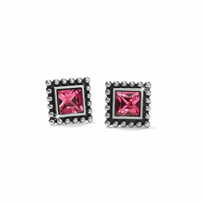 Brighton stud earrings with square pink crystals and silver-plated beaded frames on a white background