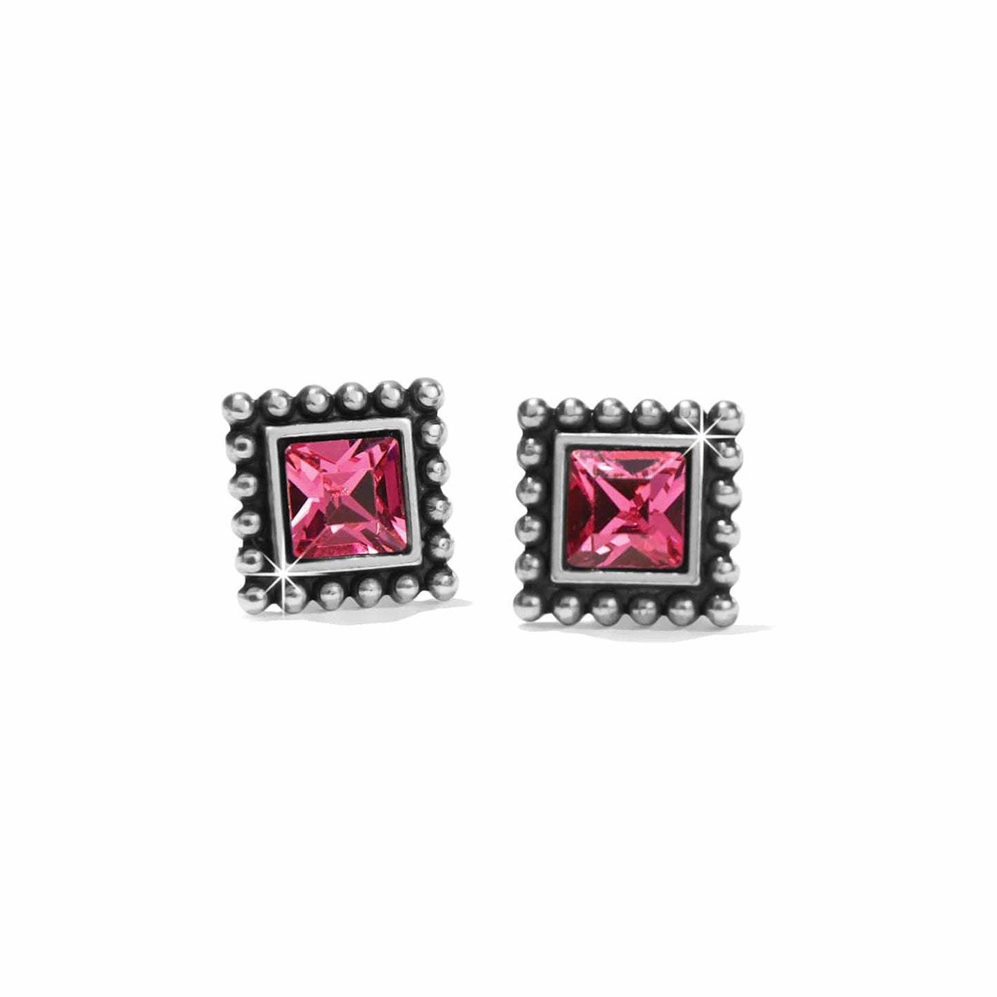 Brighton stud earrings with square pink crystals and silver-plated beaded frames on a white background
