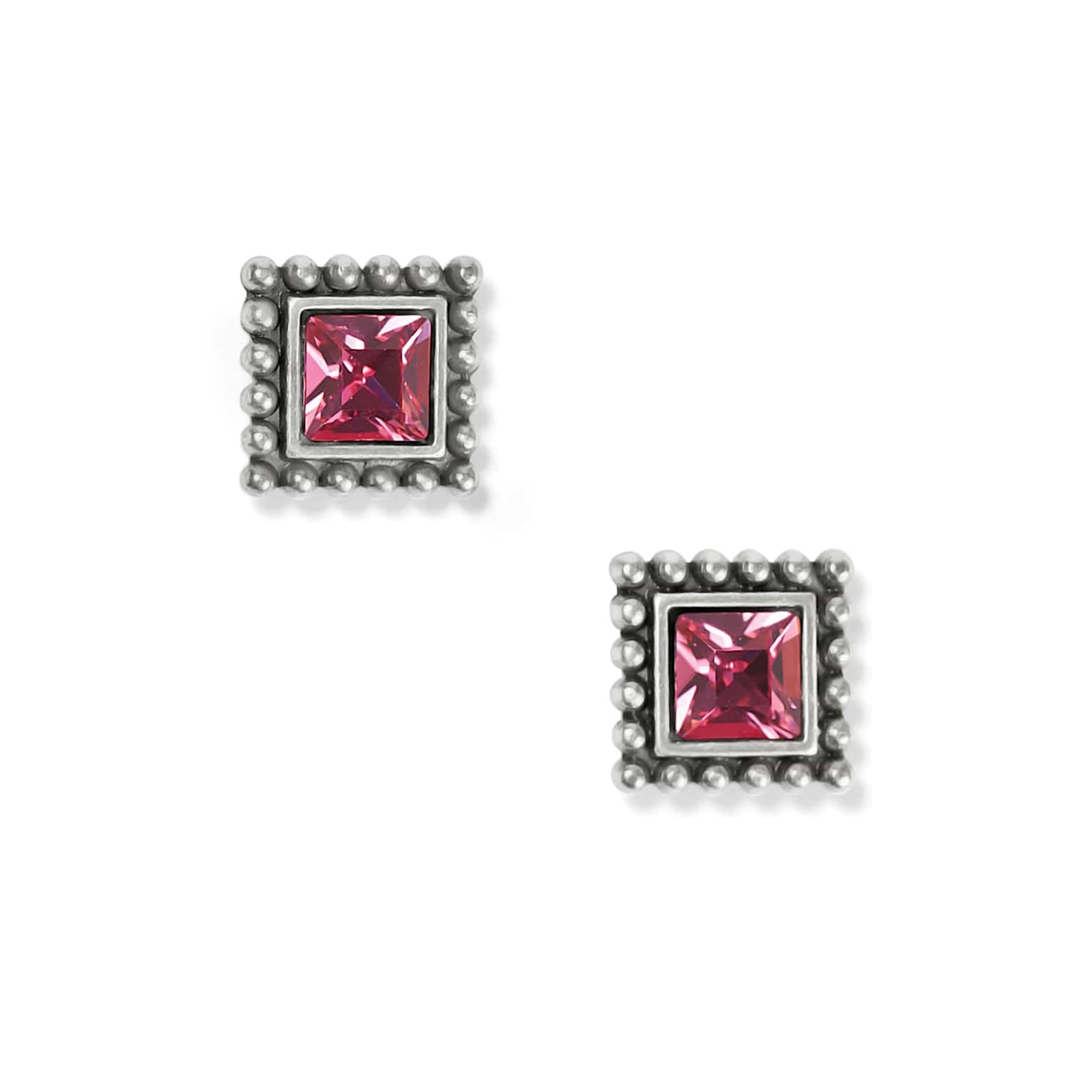 Brighton stud earrings with square pink crystals and silver-plated beaded frames on a white background
