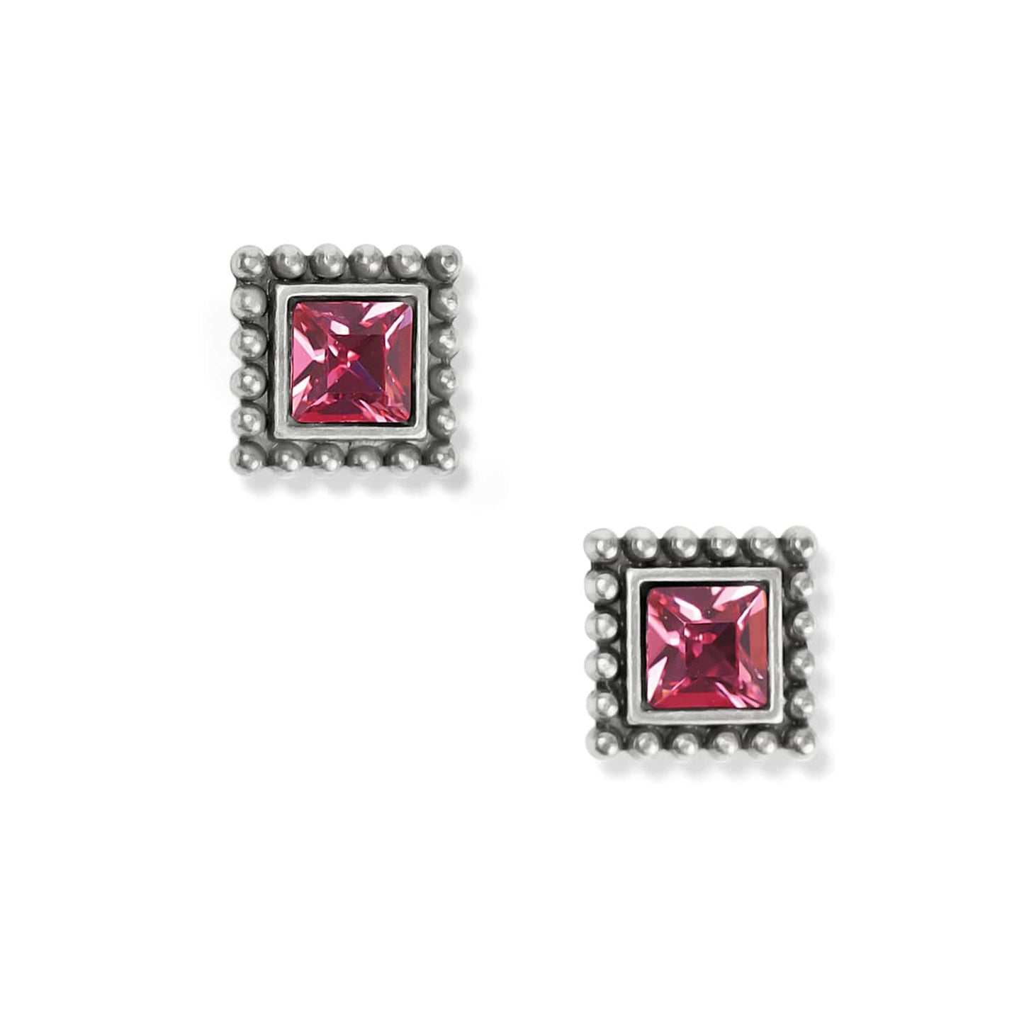 Brighton stud earrings with square pink crystals and silver-plated beaded frames on a white background