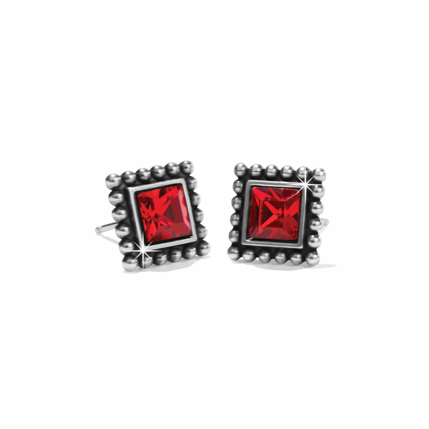 Brighton stud earrings with red square crystals and silver-plated beaded square frames on a white background
