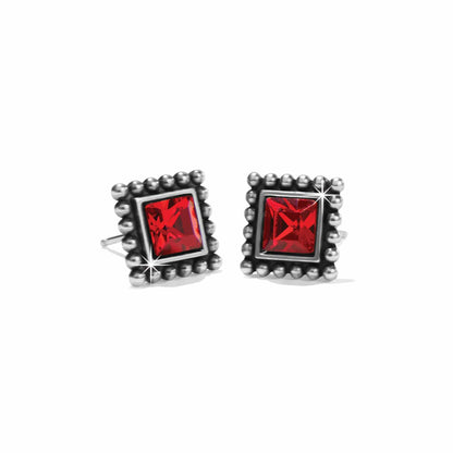 Brighton stud earrings with red square crystals and silver-plated beaded square frames on a white background