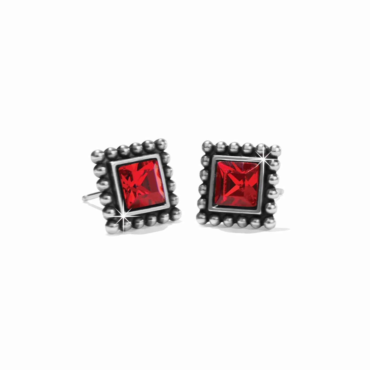 Brighton stud earrings with red square crystals and silver-plated beaded square frames on a white background