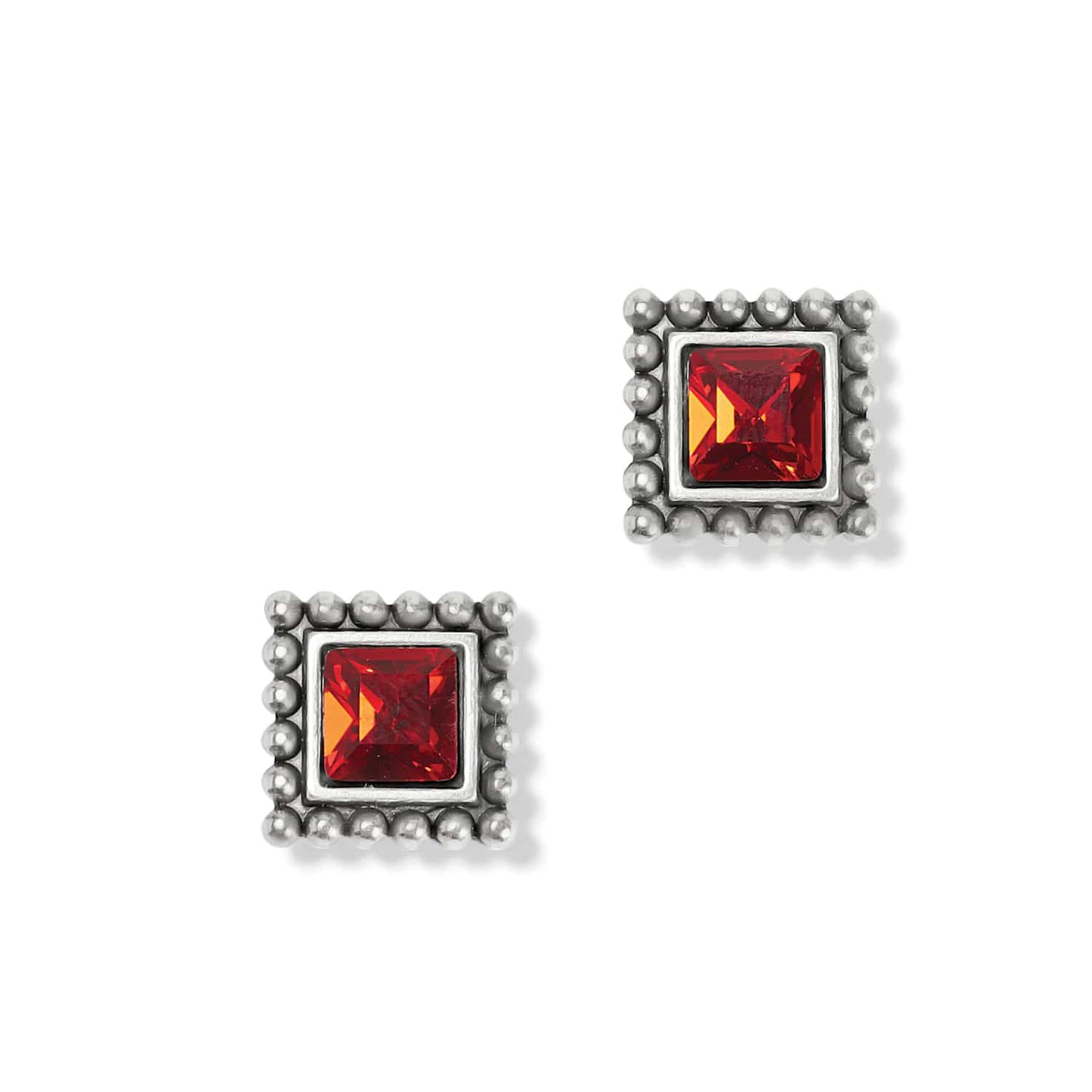 Brighton stud earrings with square red crystals and silver-plated beaded frames on a white background