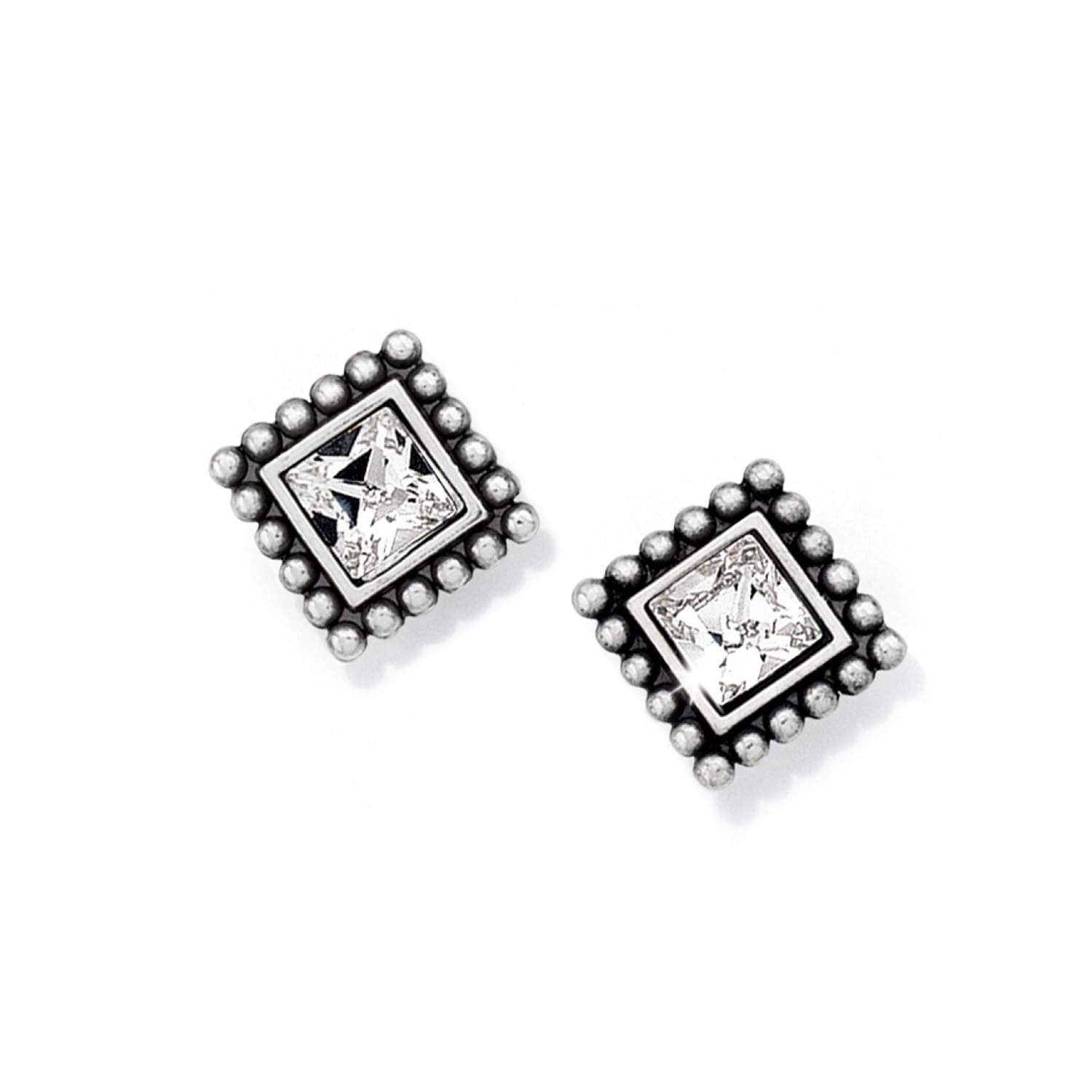 Brighton stud earrings with square crystals and silver-plated beaded frames on a white background