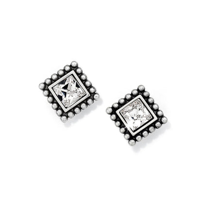 Brighton stud earrings with square crystals and silver-plated beaded frames on a white background