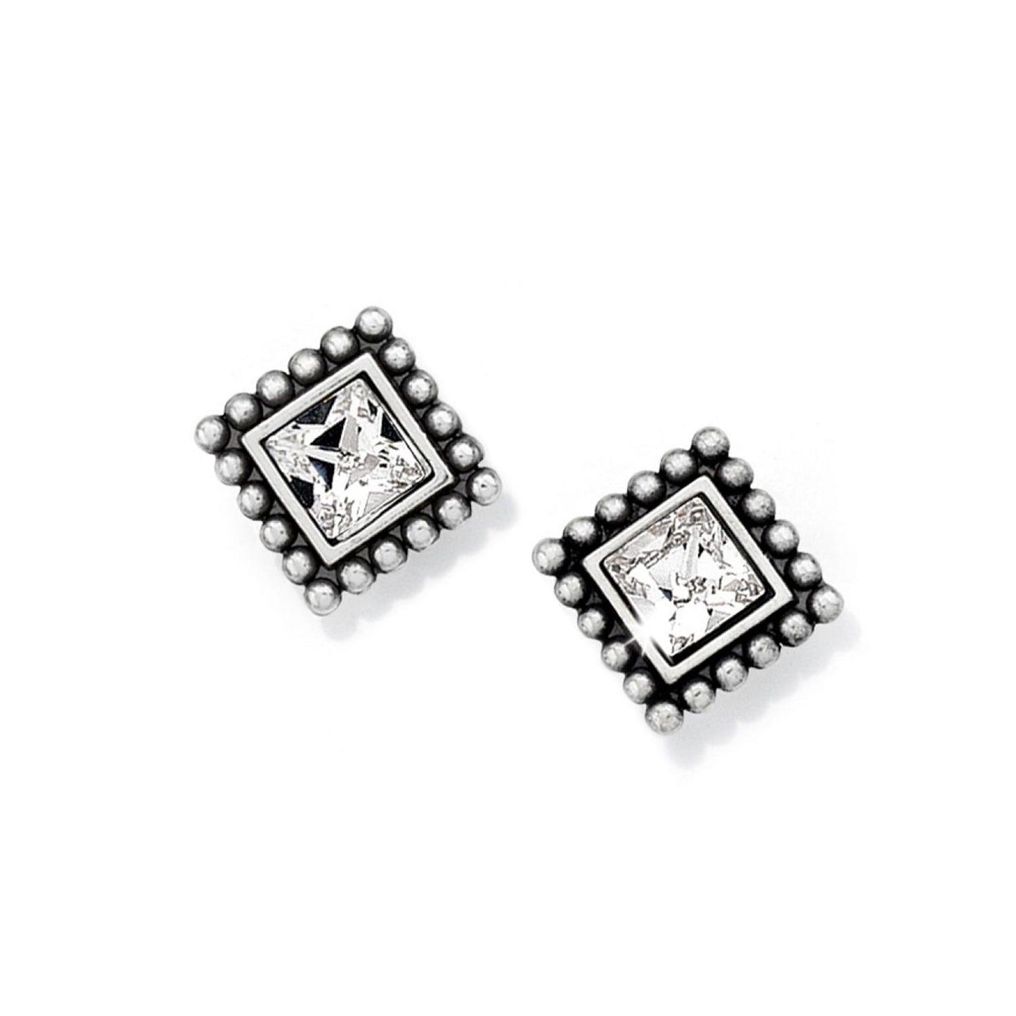 Brighton stud earrings with square crystals and silver-plated beaded frames on a white background