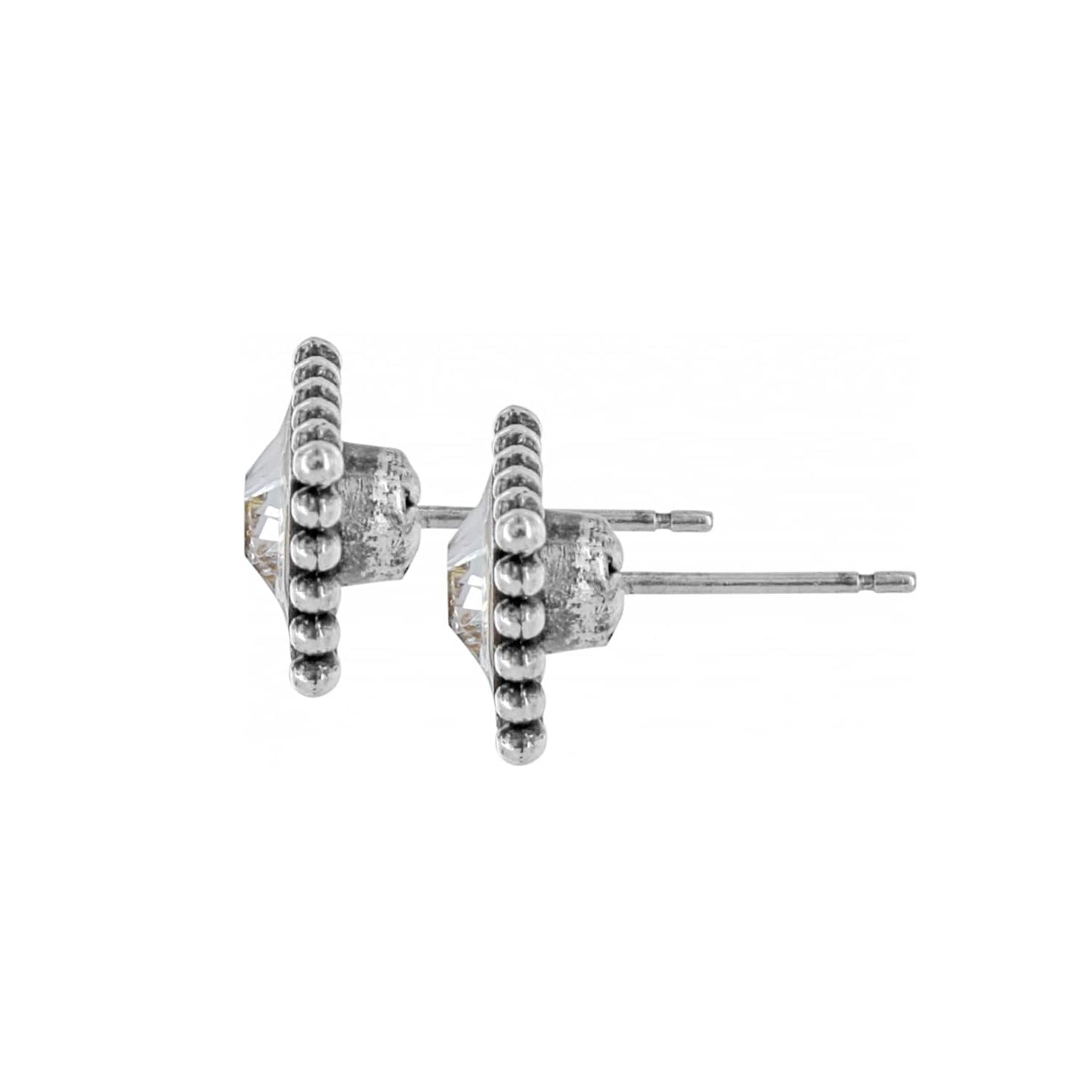 Brighton stud earrings shown from the side with silver-plated beaded edges, crystal centers, and posts on a white background