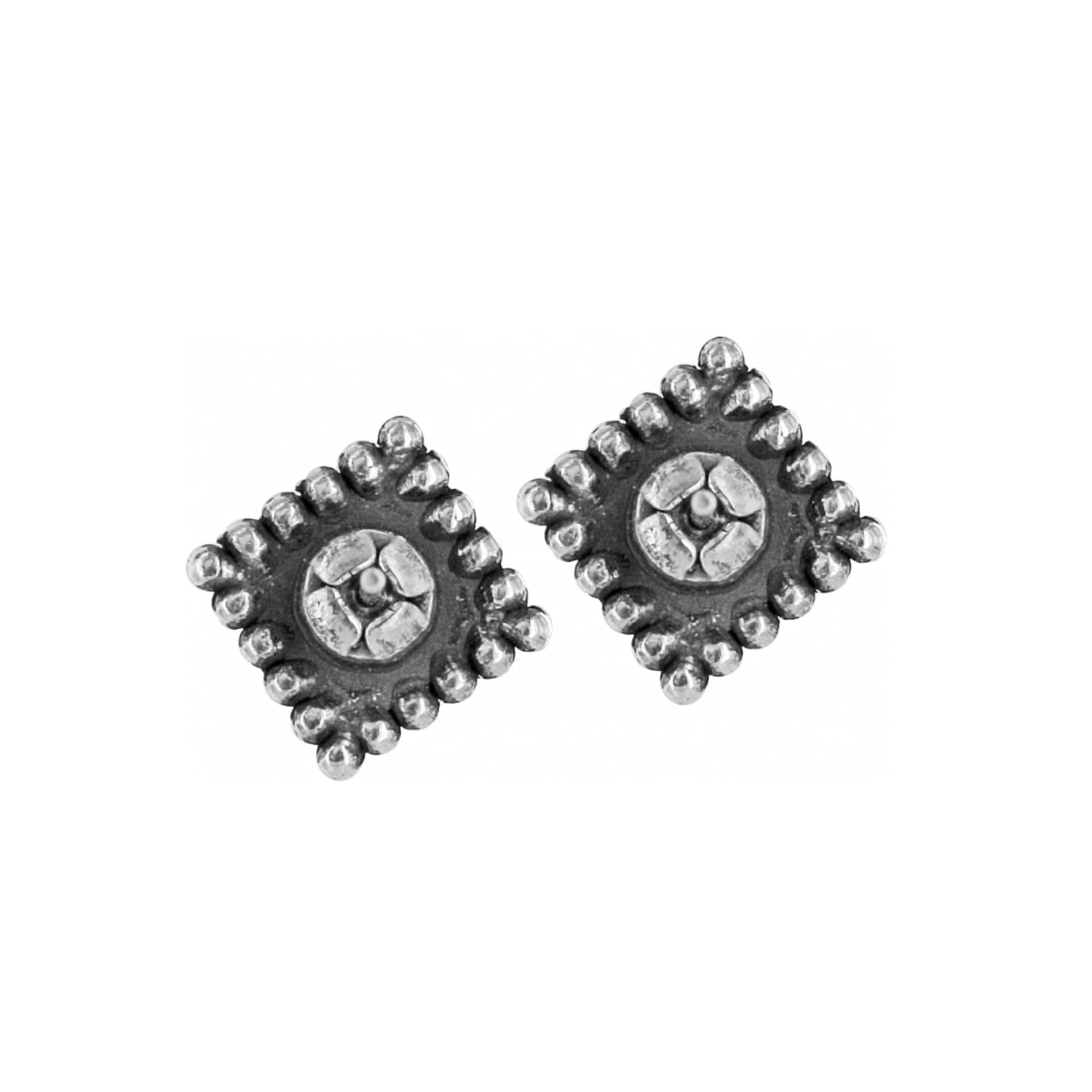 Brighton stud earrings with silver-plated diamond-shaped beaded frames and floral centers on a white background