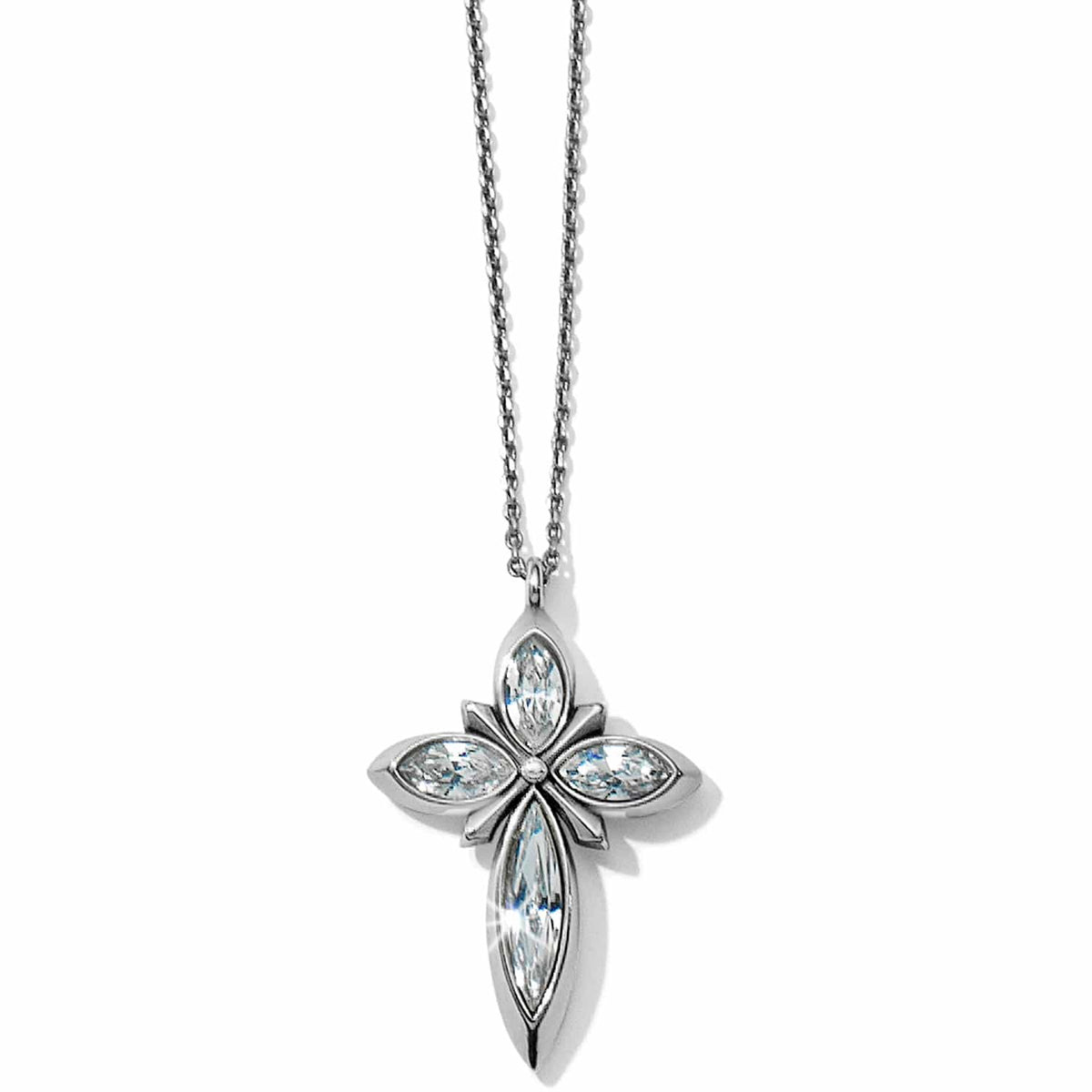 Brighton pendant necklace with silver-plated cross featuring marquise-cut crystals and delicate chain on a white background