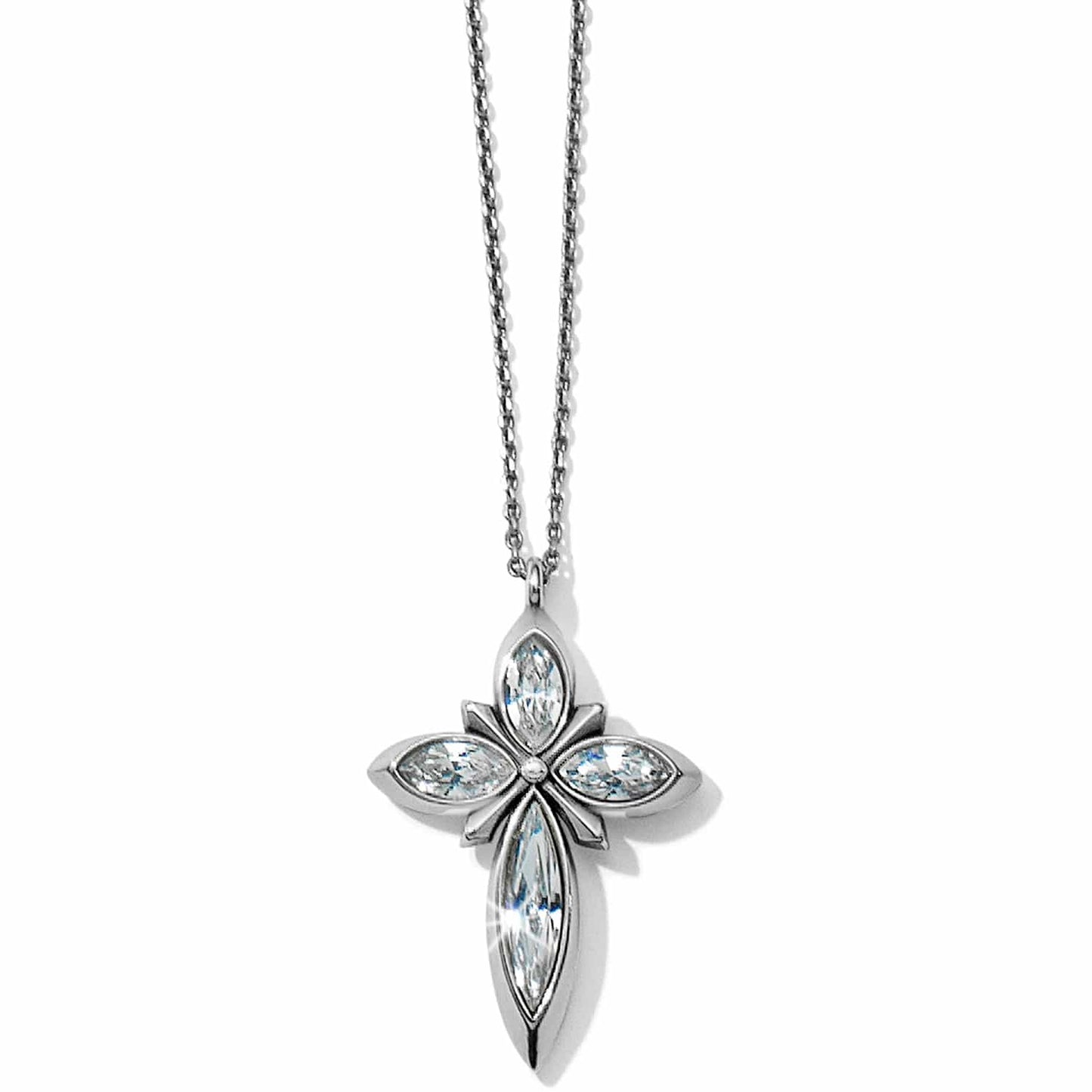 Brighton pendant necklace with silver-plated cross featuring marquise-cut crystals and delicate chain on a white background