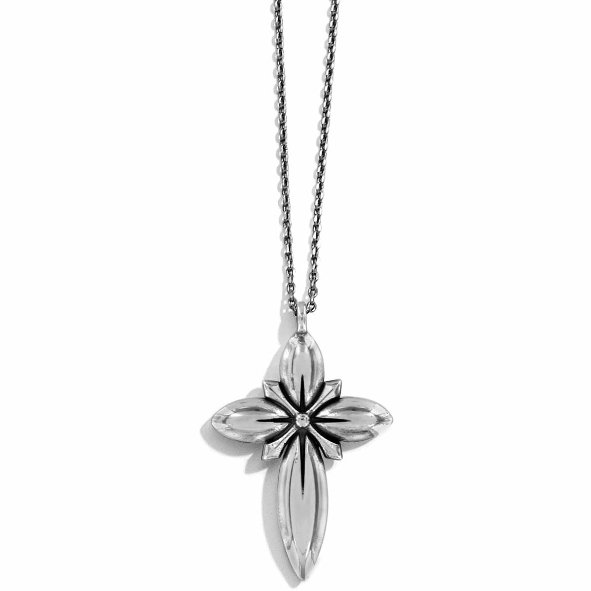 Brighton pendant necklace with silver-plated pointed petal cross and starburst center detail on a white background