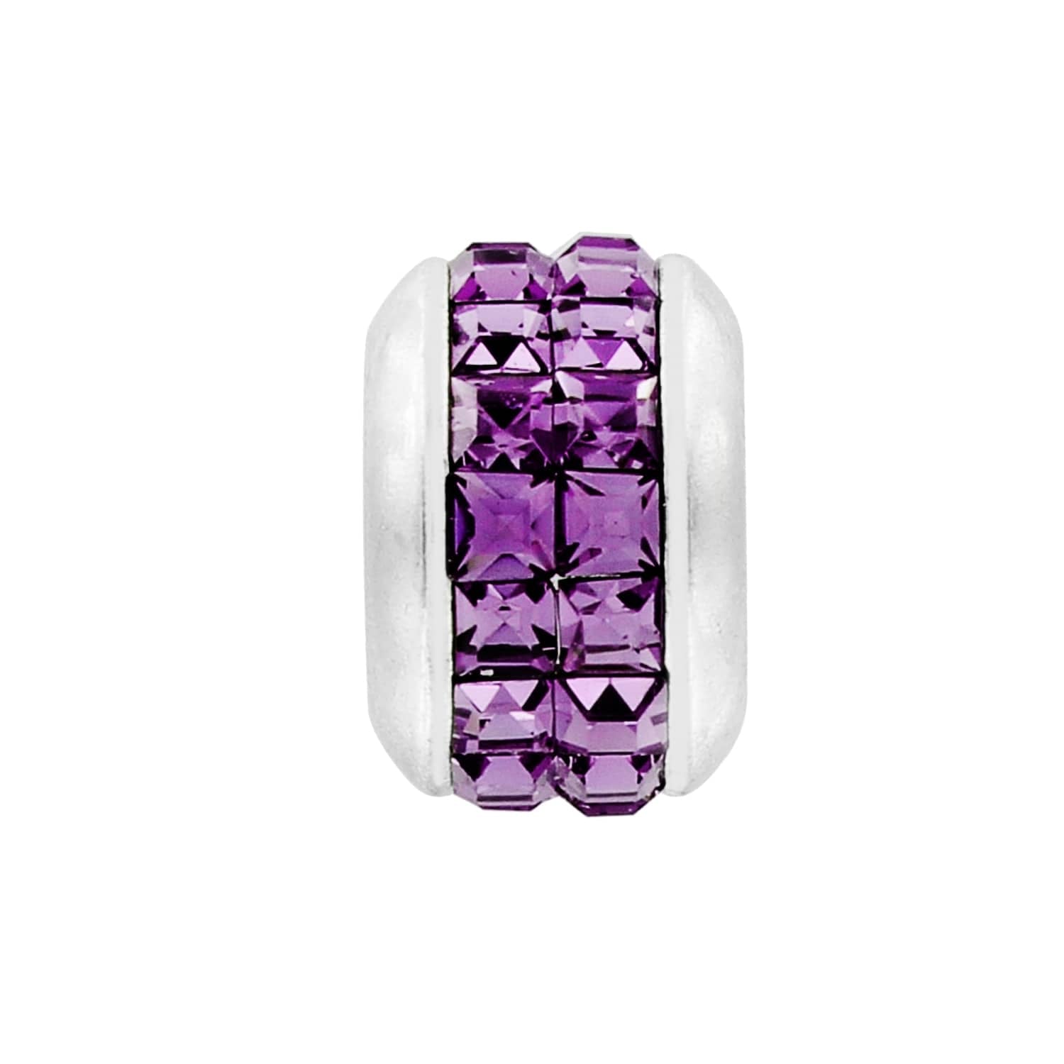 Brighton silver-plated charm bead with two rows of square purple crystals set between polished bands on a white background