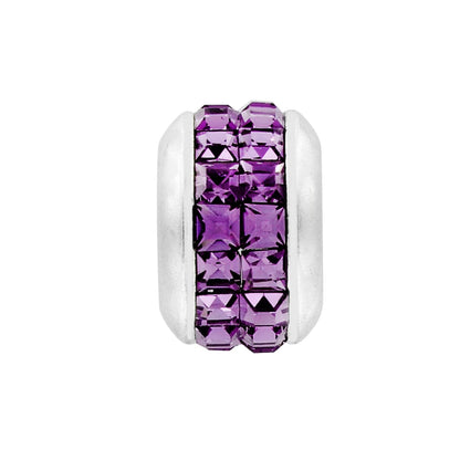 Brighton silver-plated charm bead with two rows of square purple crystals set between polished bands on a white background