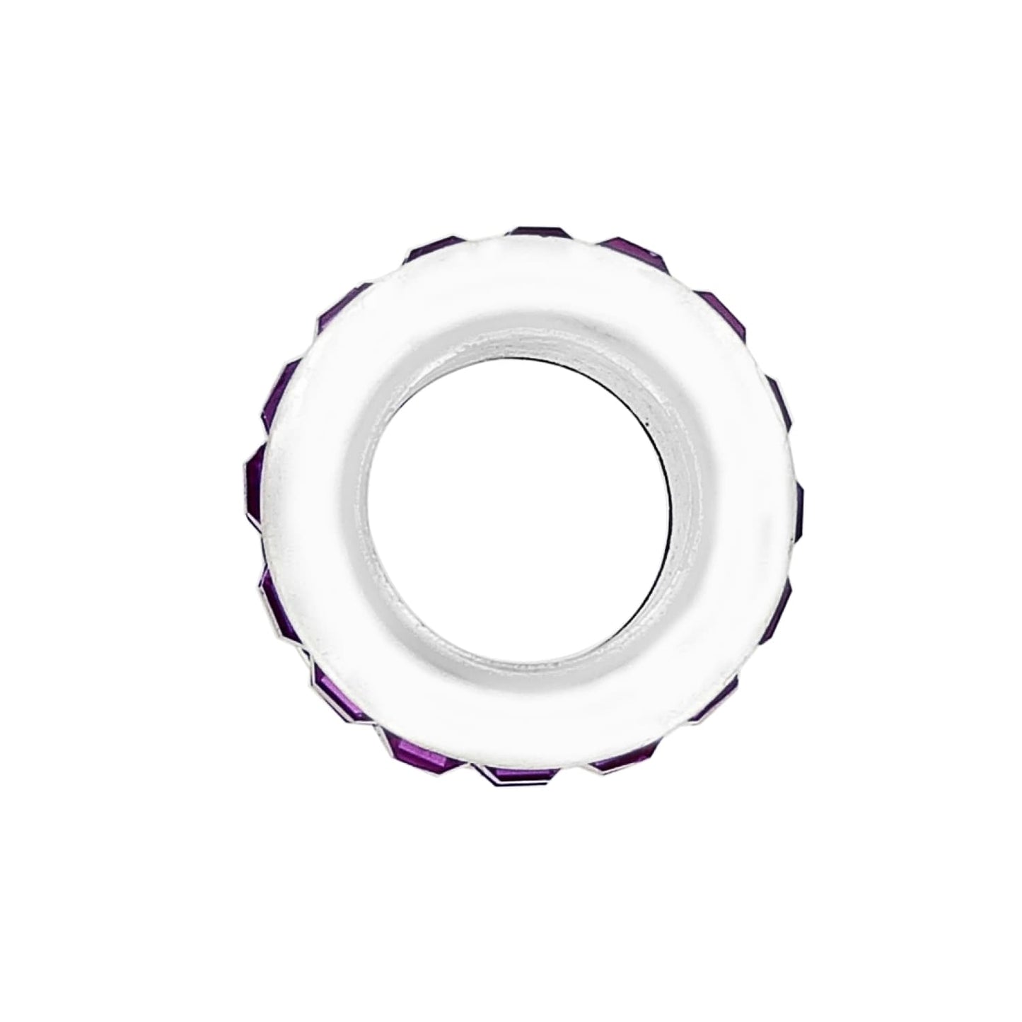Brighton spacer charm shown from the side with silver-plated core and purple crystal-set outer edge on a white background