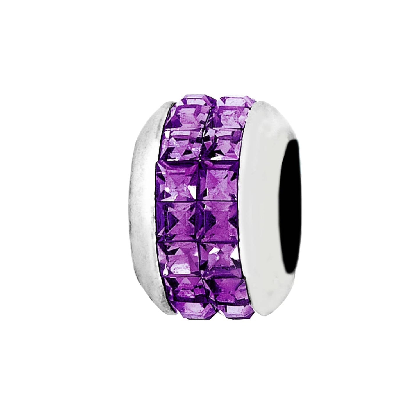 Brighton charm bead with purple crystal pavé band and silver-plated finish on a white background