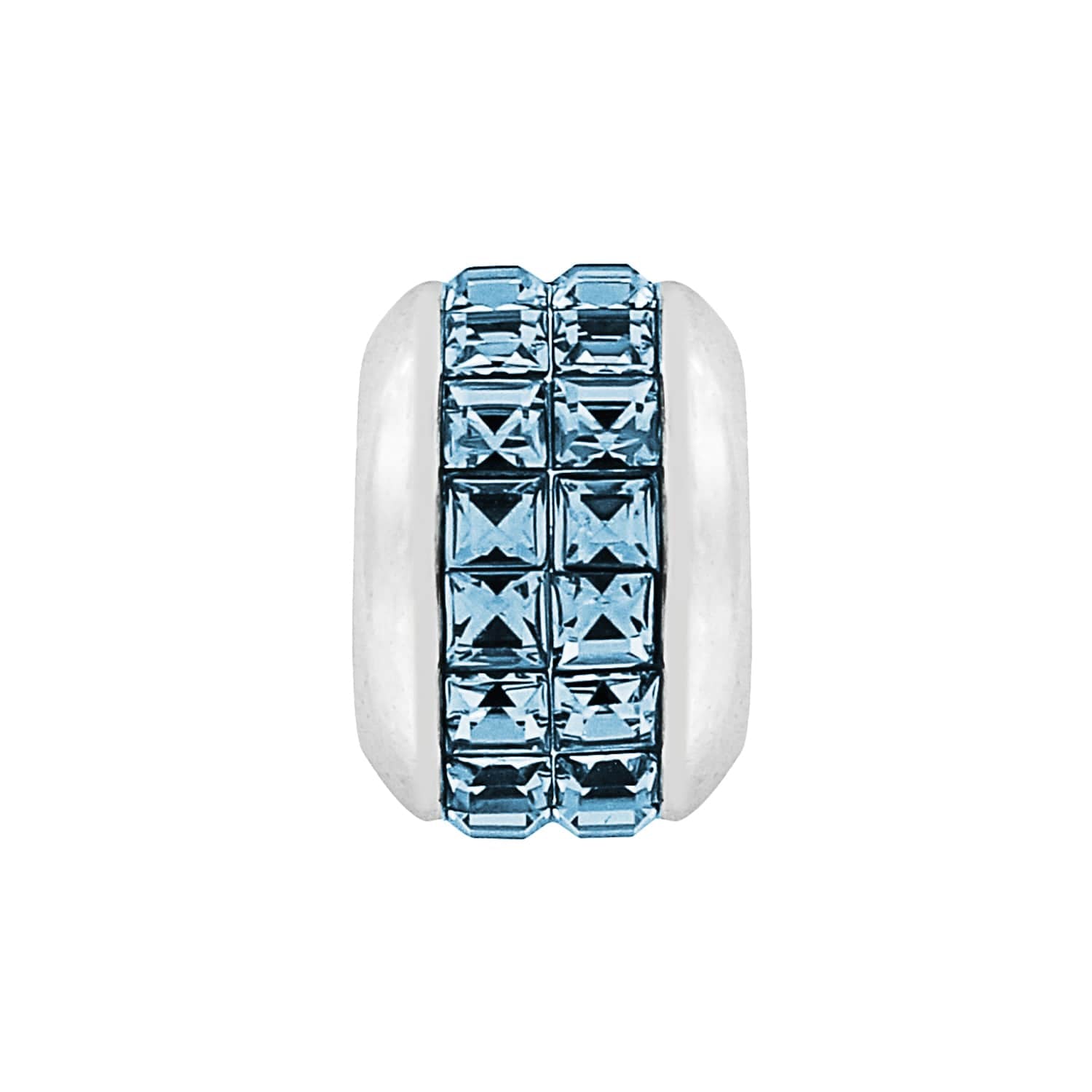 Brighton silver-plated bead charm with two rows of light blue square crystals on a white background