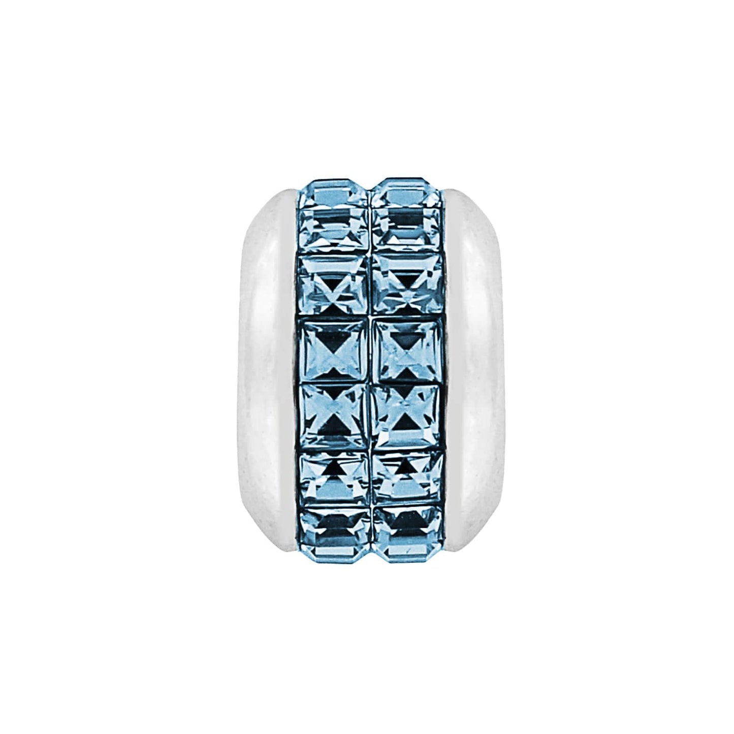 Brighton silver-plated bead charm with two rows of light blue square crystals on a white background