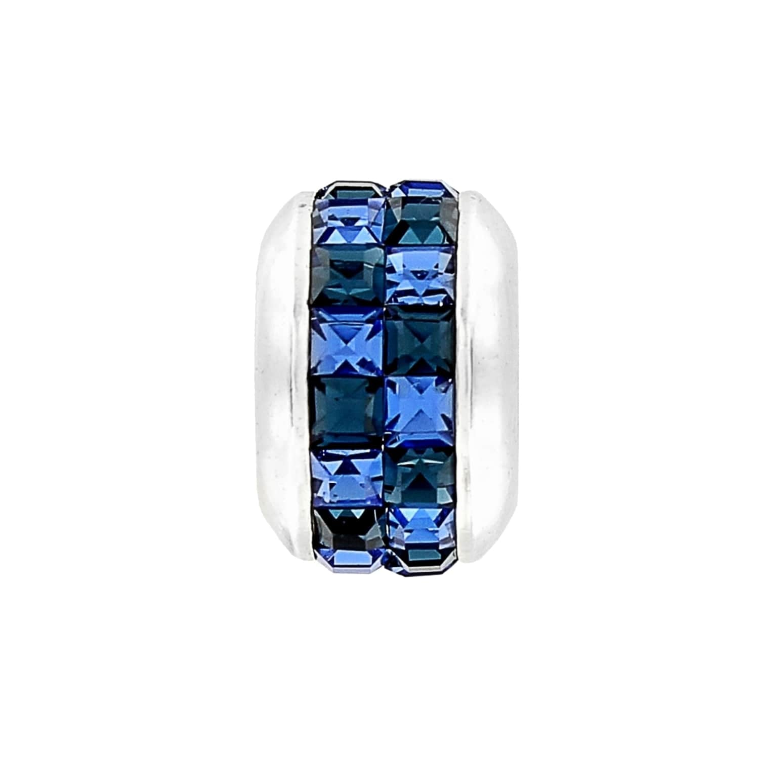 Brighton charm bead with two rows of blue crystals and silver-plated finish on a white background