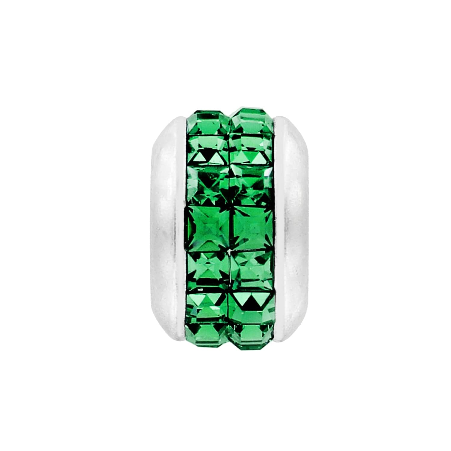 Brighton charm bead with silver-plated ends and rows of green crystals around the center on a white background