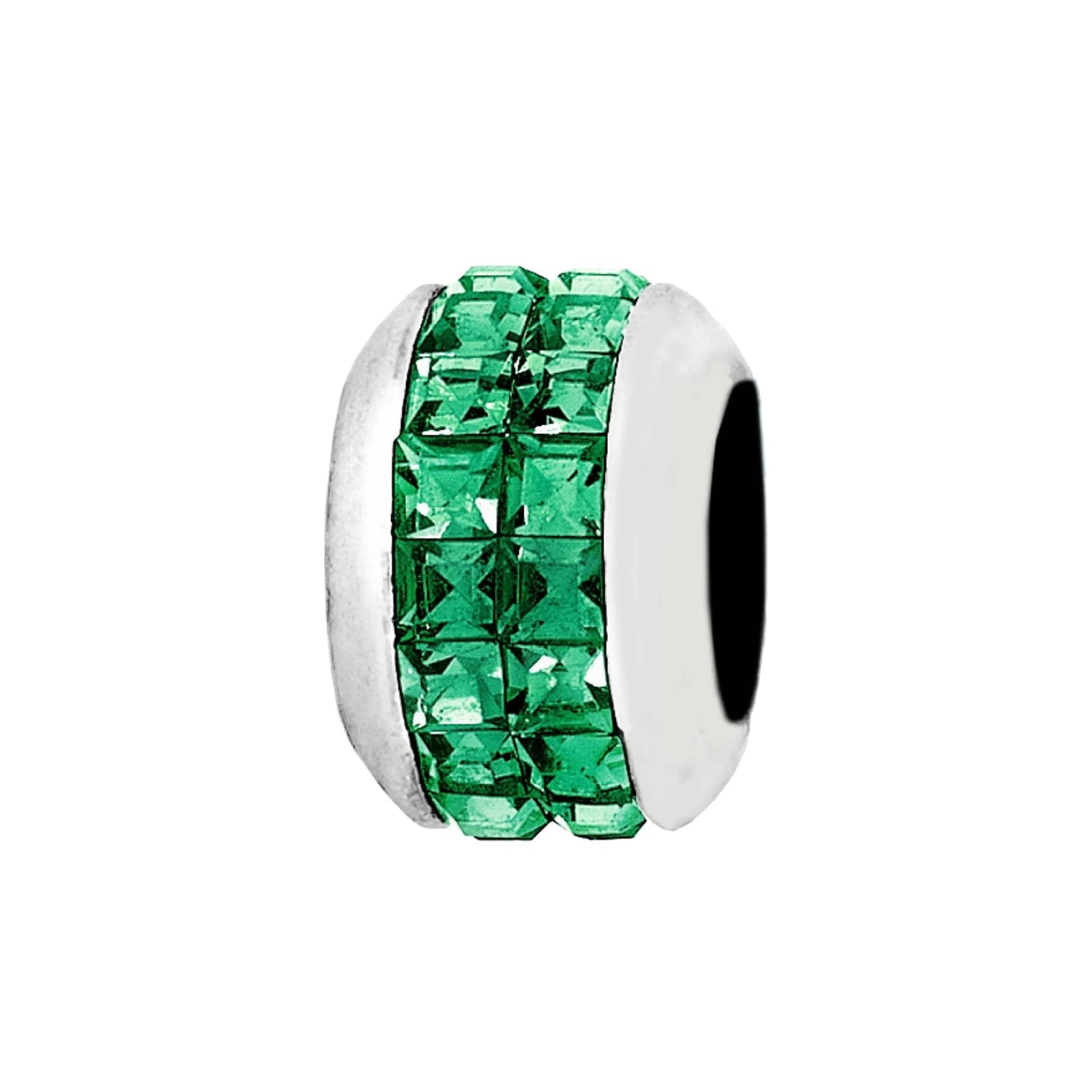 Brighton charm bead with green crystals and silver-plated finish on a white background