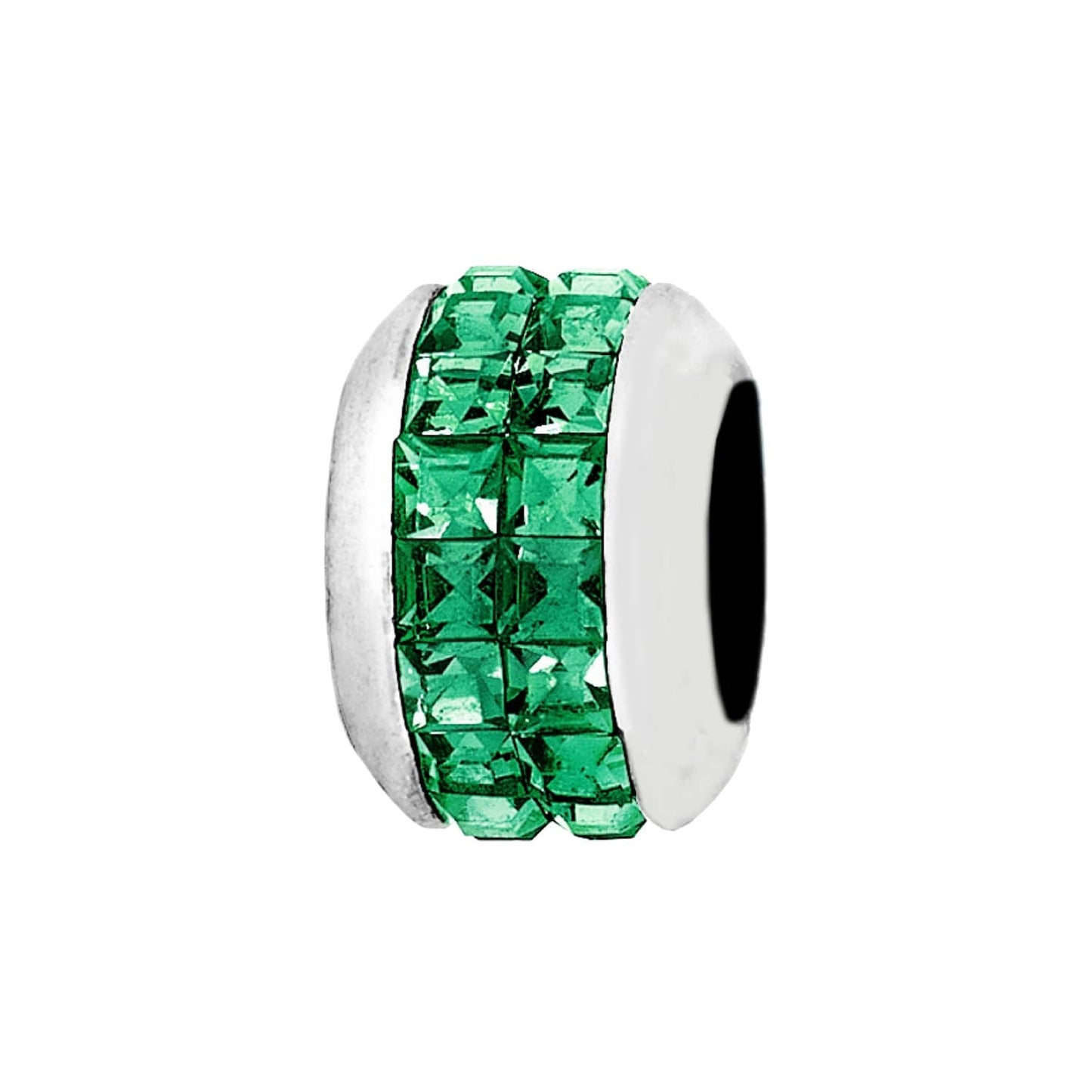 Brighton charm bead with green crystals and silver-plated finish on a white background