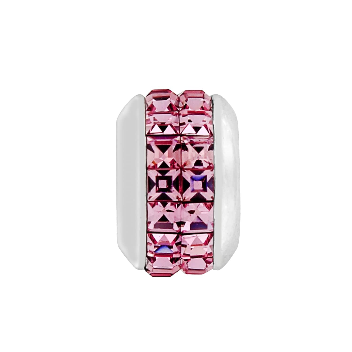 Brighton charm bead with pink crystal pavé center and silver-plated rounded sides on a white background