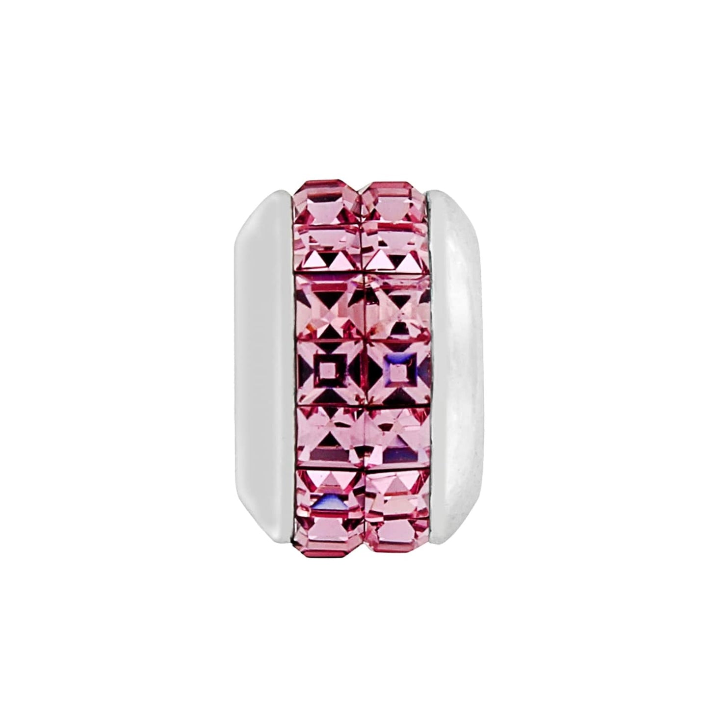 Brighton charm bead with pink crystal pavé center and silver-plated rounded sides on a white background