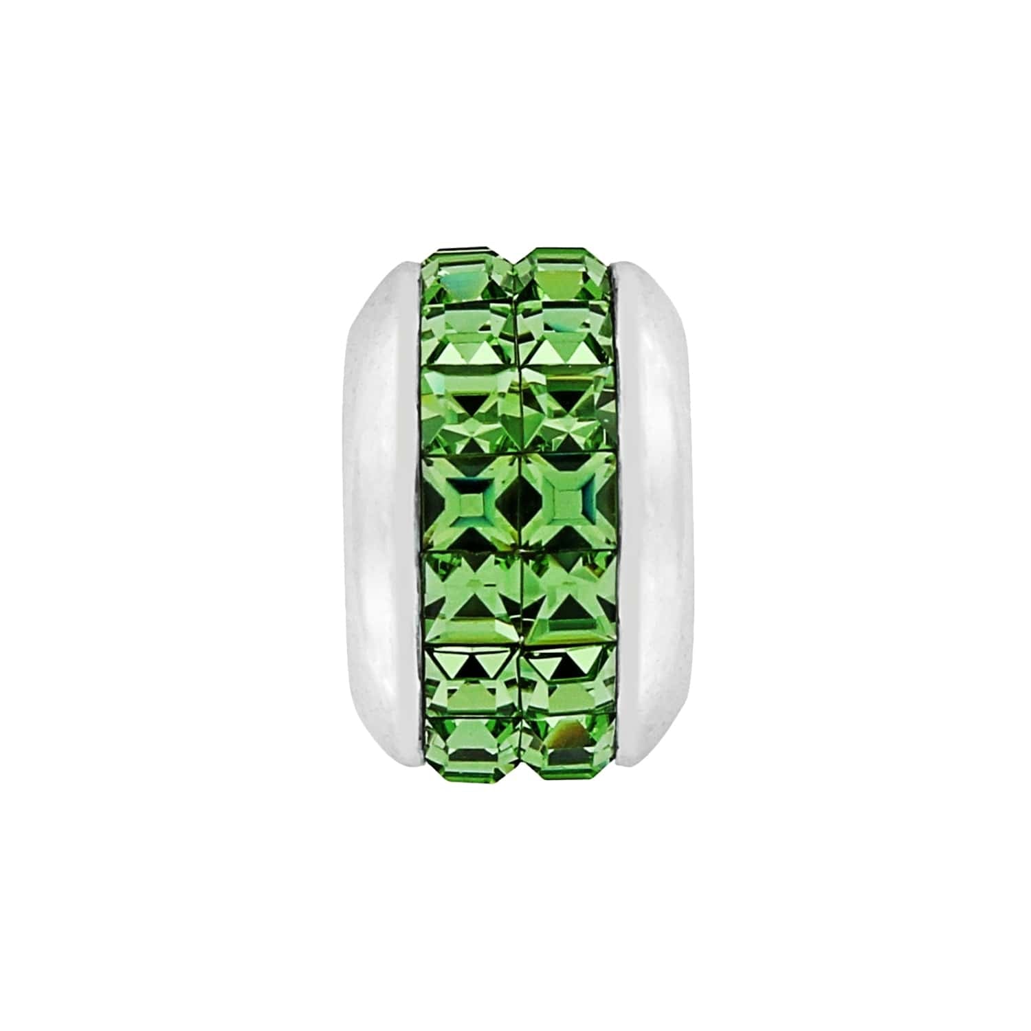 Brighton charm bead with rows of green square crystals and silver-plated end caps on a white background