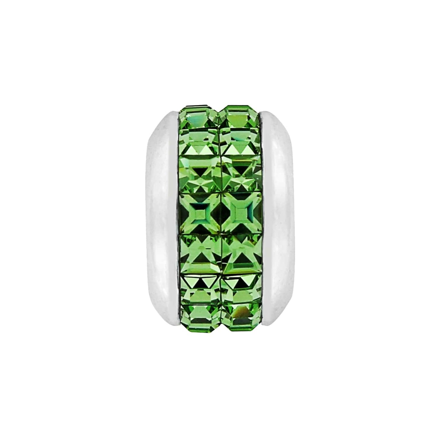 Brighton charm bead with rows of green square crystals and silver-plated end caps on a white background