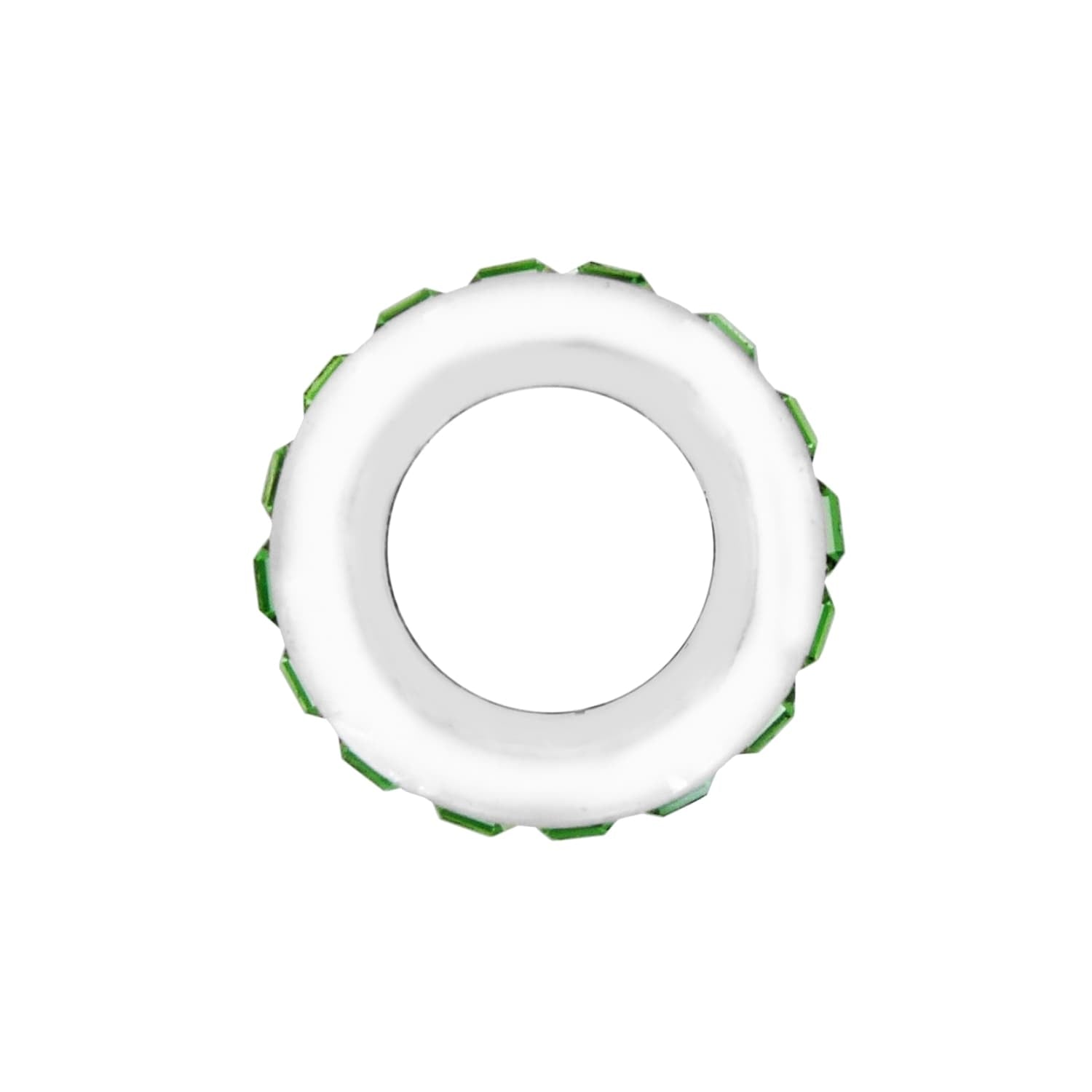 Brighton spacer bead charm with white enamel center and green crystal accents around the edge on a white background
