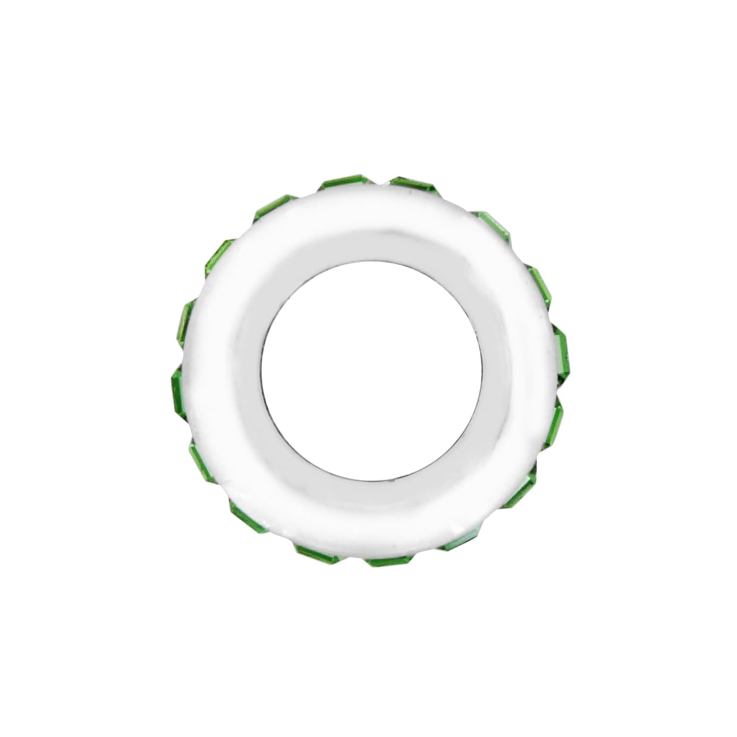 Brighton spacer bead charm with white enamel center and green crystal accents around the edge on a white background