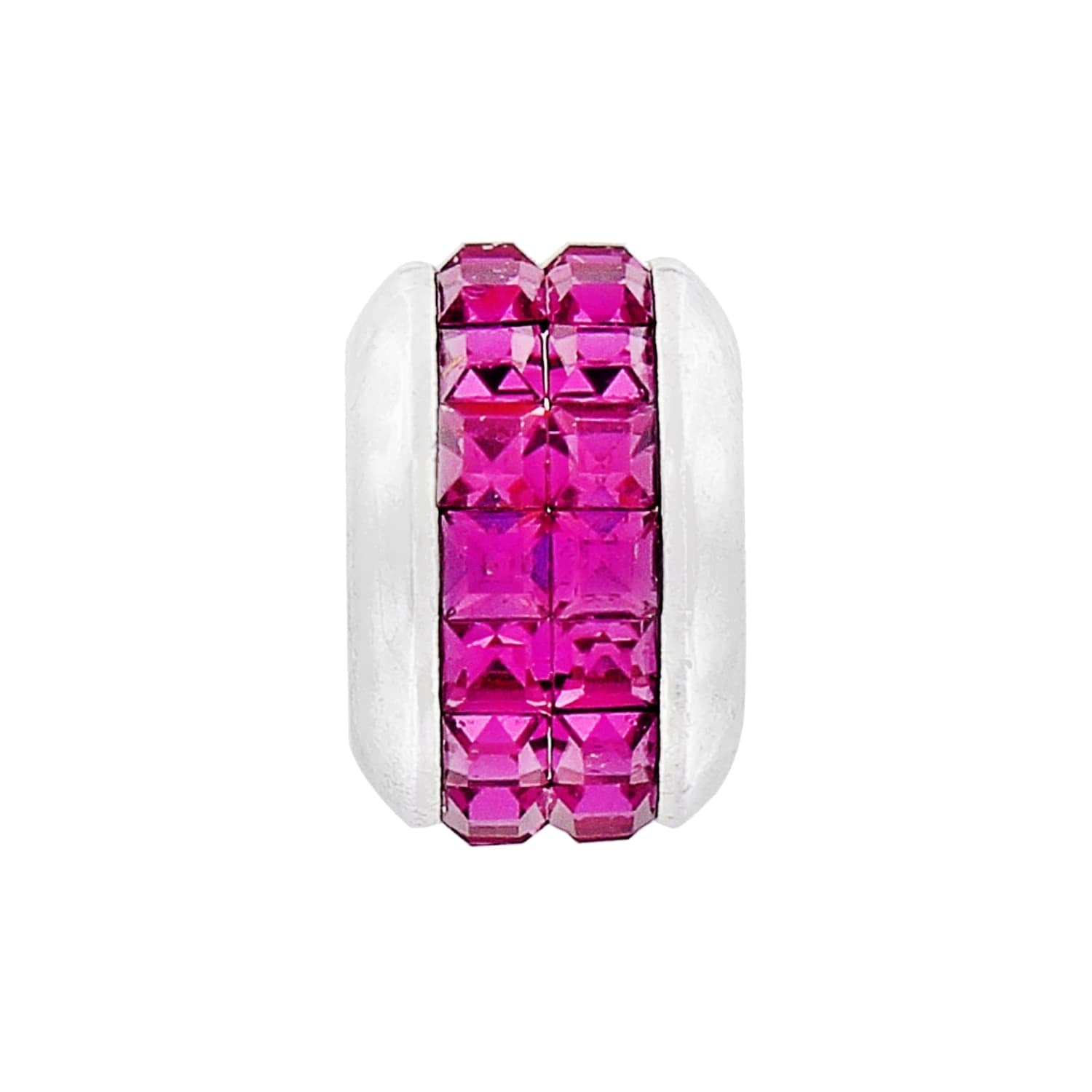 Brighton charm bead with two rows of pink crystals and silver-plated end caps on a white background