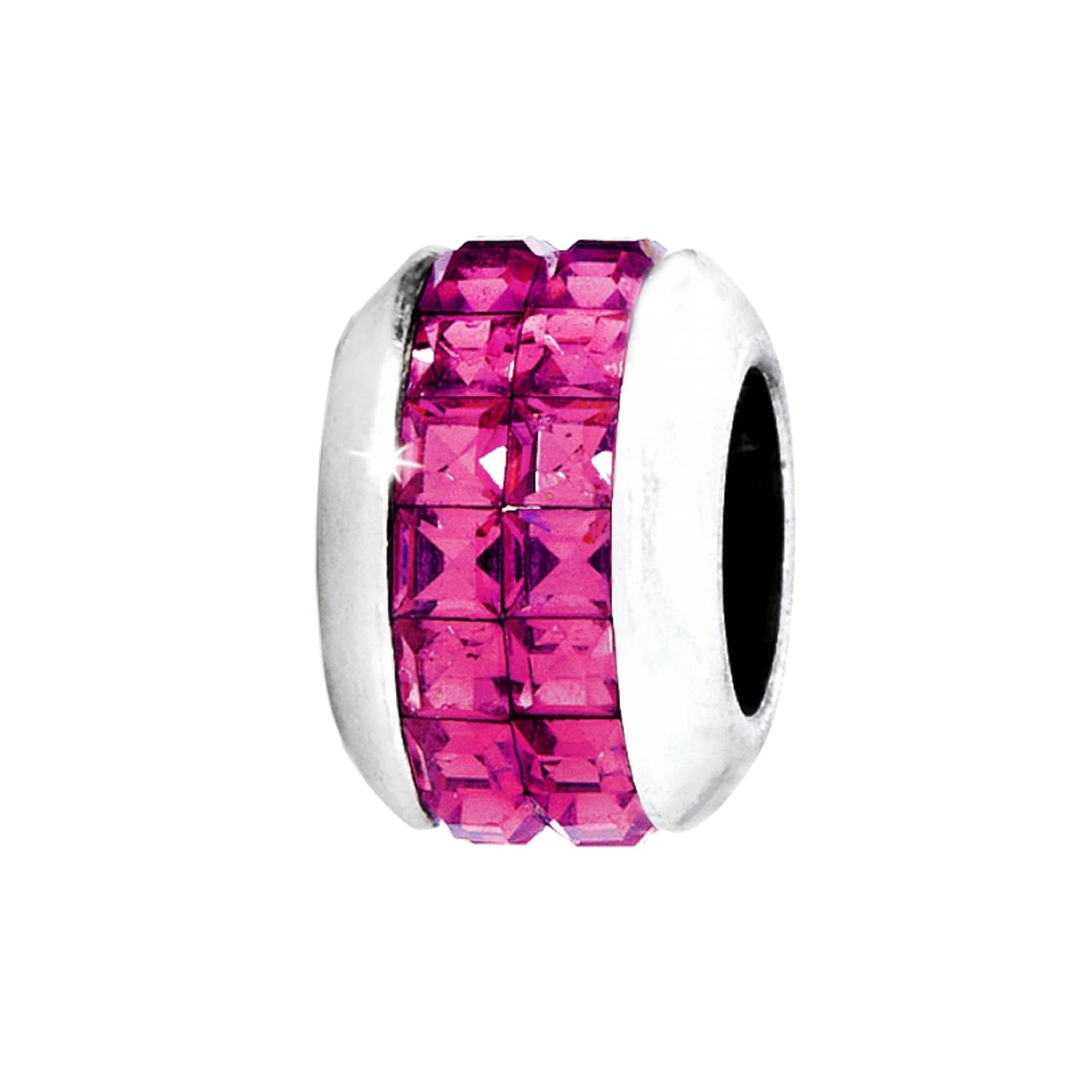 Brighton charm bead with pink crystal center band and silver-plated rounded sides on a white background