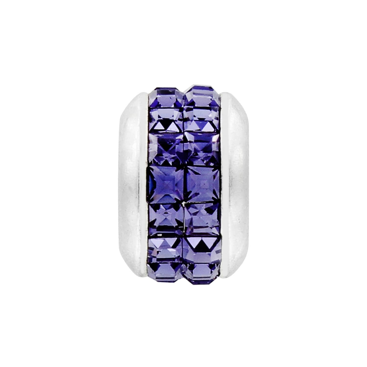 Brighton silver-plated bead charm with two rows of purple square crystals on a white background