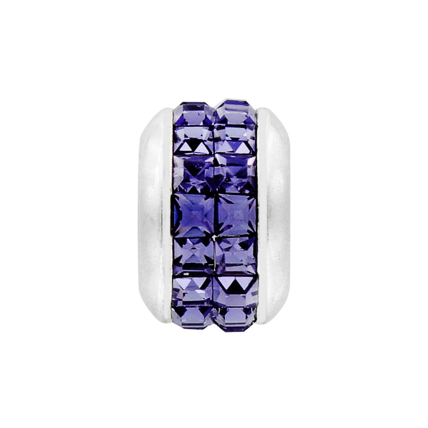 Brighton silver-plated bead charm with two rows of purple square crystals on a white background