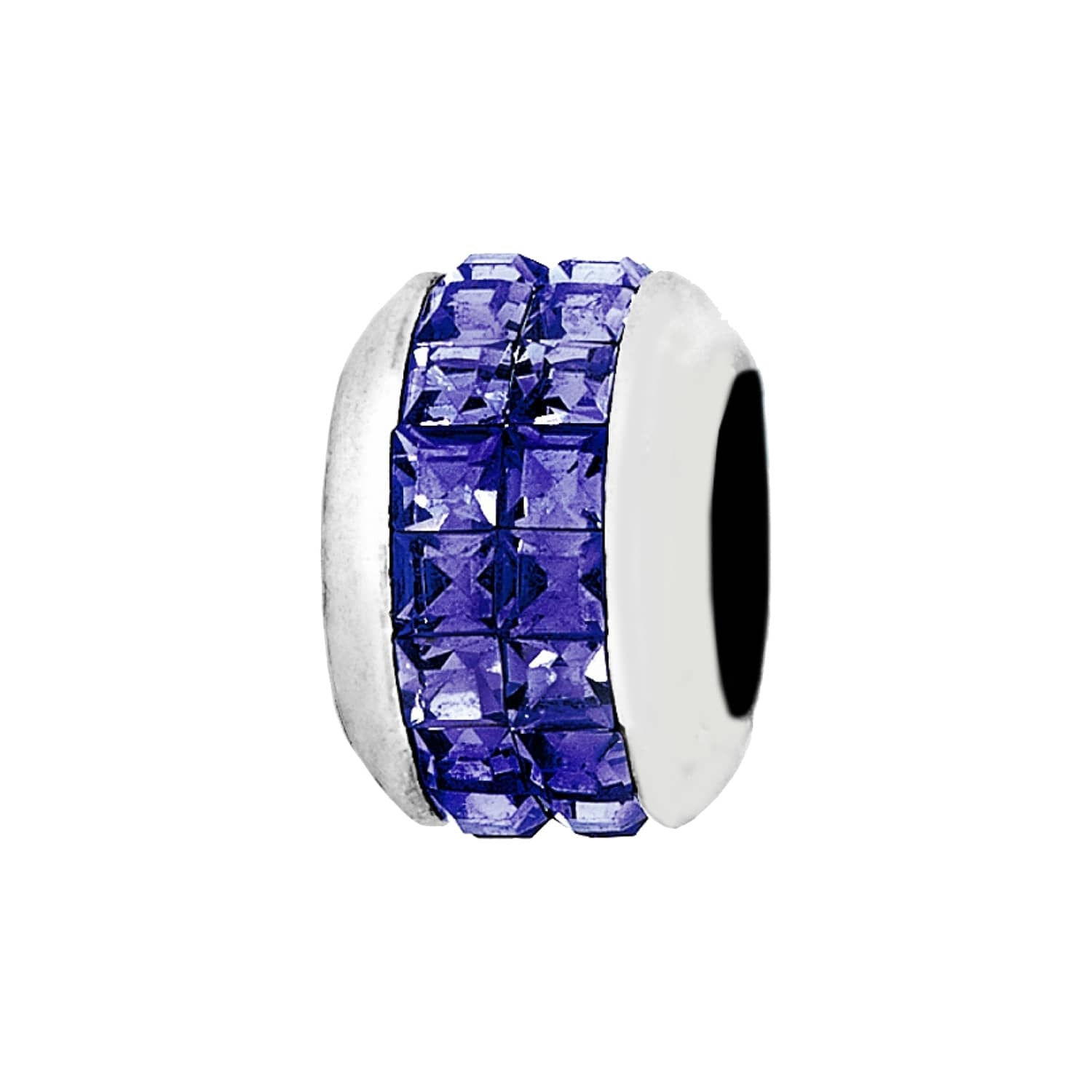 Brighton charm bead with silver-plated finish and rows of purple square crystals on a white background