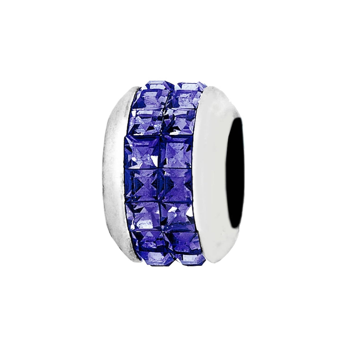 Brighton charm bead with silver-plated finish and rows of purple square crystals on a white background