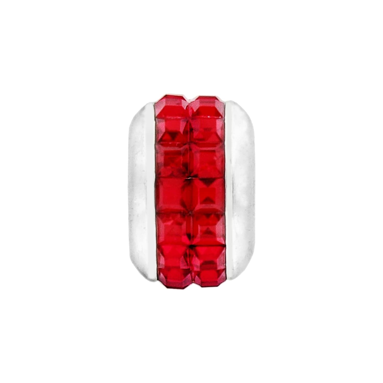 Brighton silver-plated bead charm with two rows of red square crystals channel set across the center on a white background