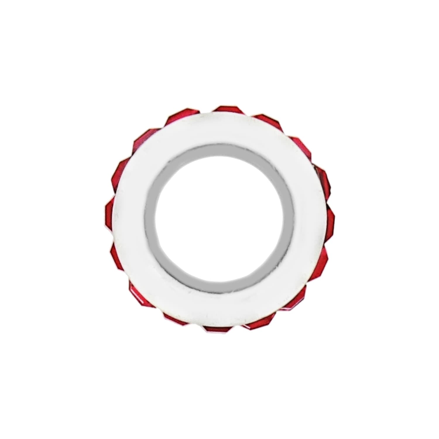 Brighton ring with white enamel band and red faceted crystal outer edge in silver-plated finish on a white background