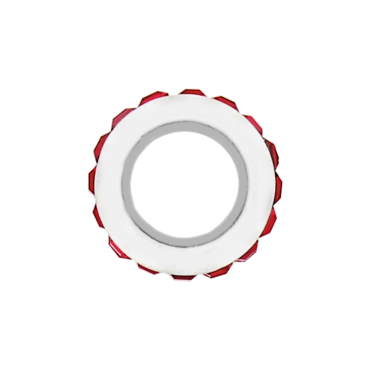 Brighton ring with white enamel band and red faceted crystal outer edge in silver-plated finish on a white background