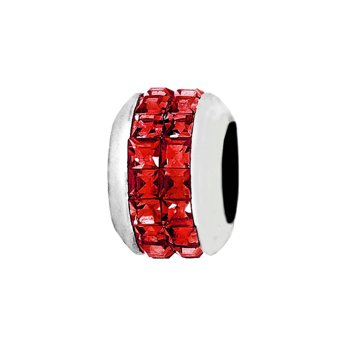 Brighton charm bead with red crystal band and silver-plated finish on a white background