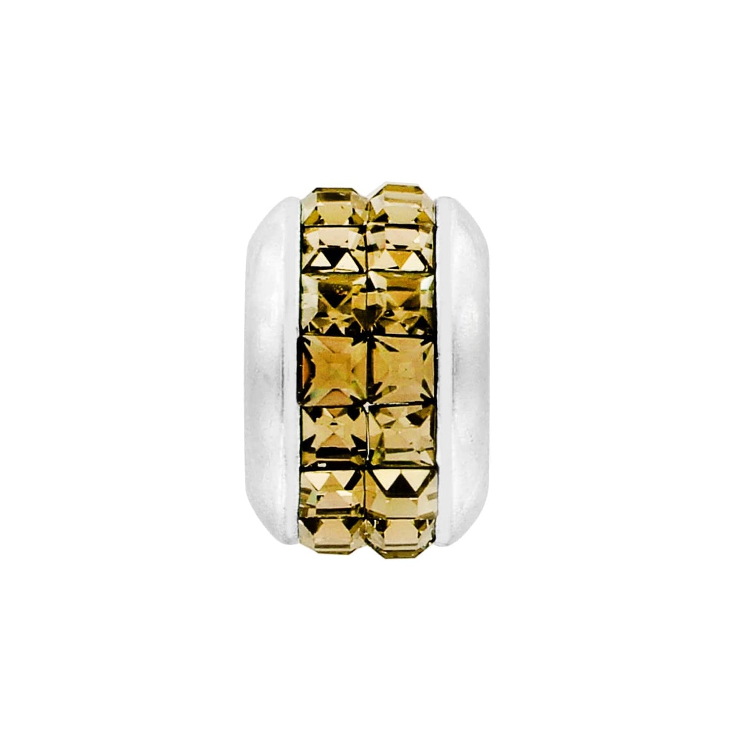 Brighton silver-plated charm bead with two rows of golden square crystals around the center on a white background